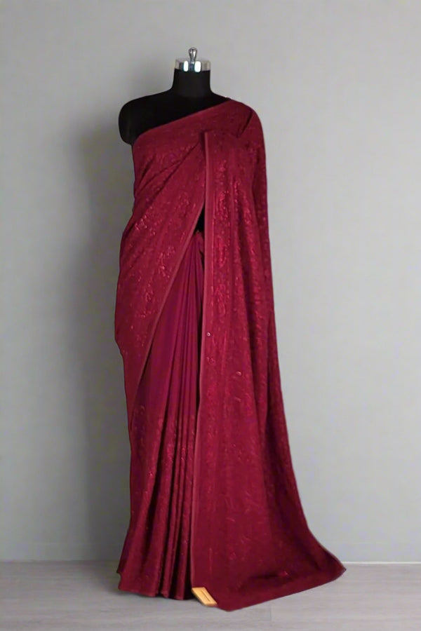 Georgette Saree with Self Thread Work- Maroon Colour