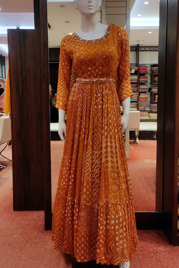 Gown In Mustard Color With Bandhani Printed