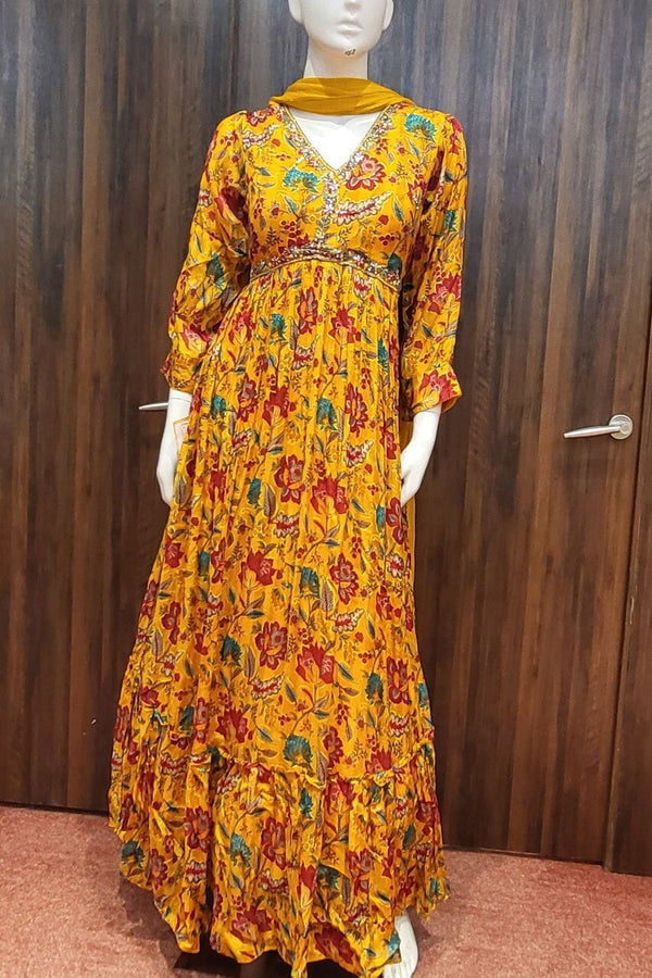 Gown In Mustard Color With Floral Printed