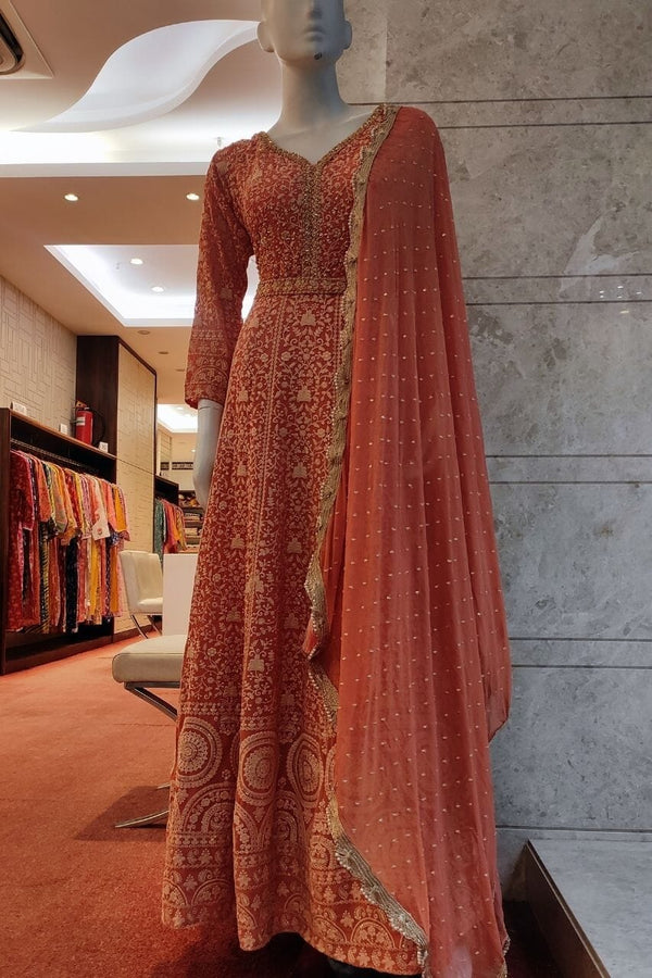 Gown In Orange With All-Over Thread Embroidered