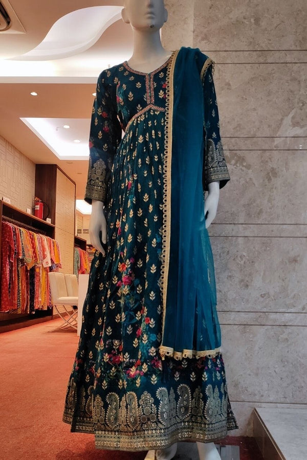 Gown In Peacock Blue Color With Gota Patti Work