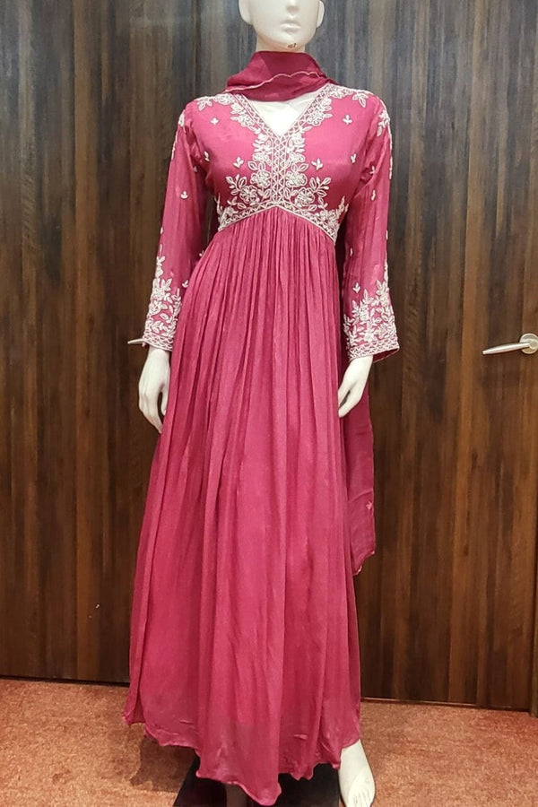 Gown In Pink With Pearl Embroidered Yoke