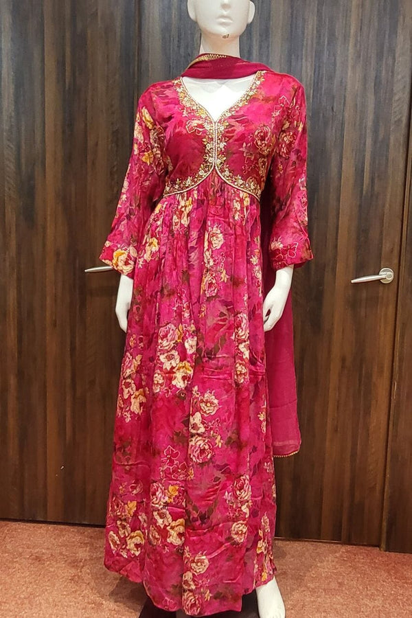 Gown In Pink With Printed
