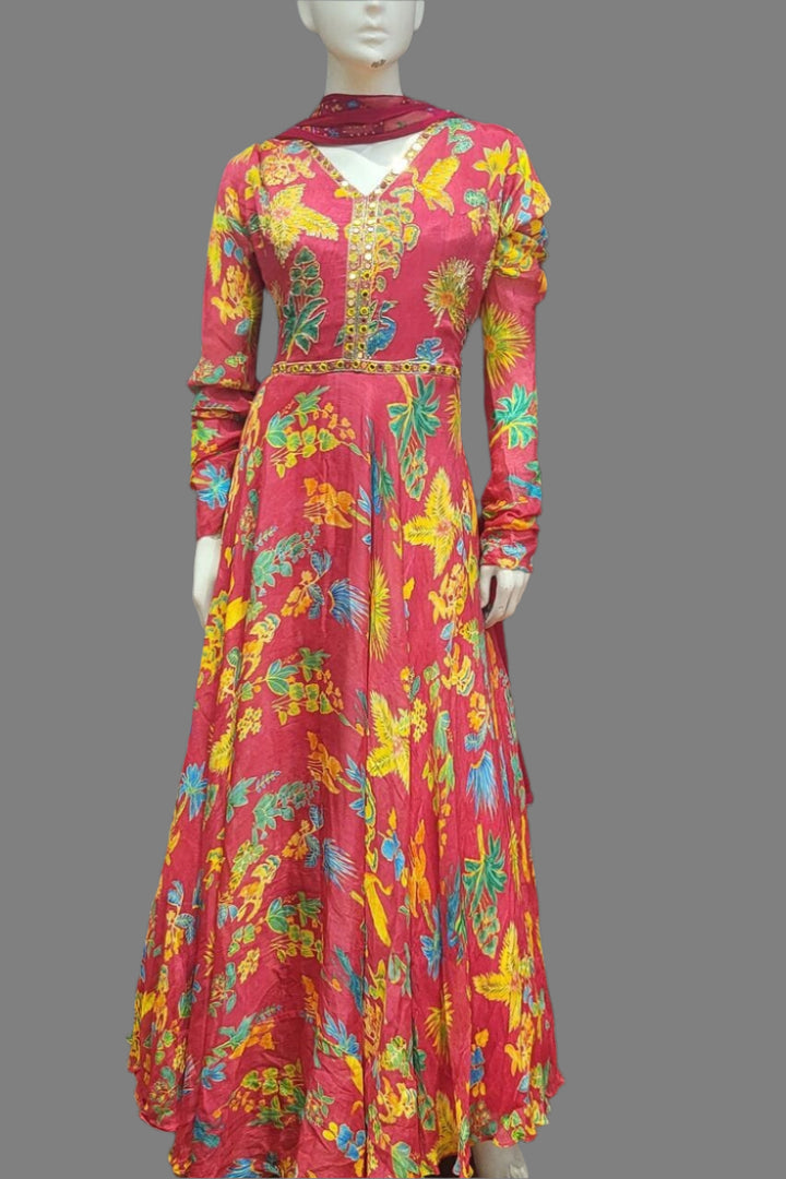 Suit Style Gown with Floral Prints- V Neck