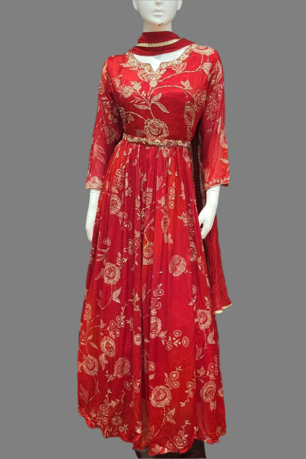 Party Wear Gown In Red Colour with Dupatta