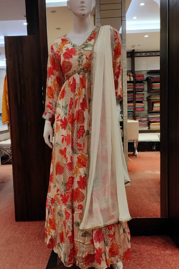 Gown With Floral Printed In Beige