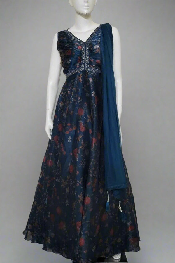 Gown With Floral Printed In Silk
