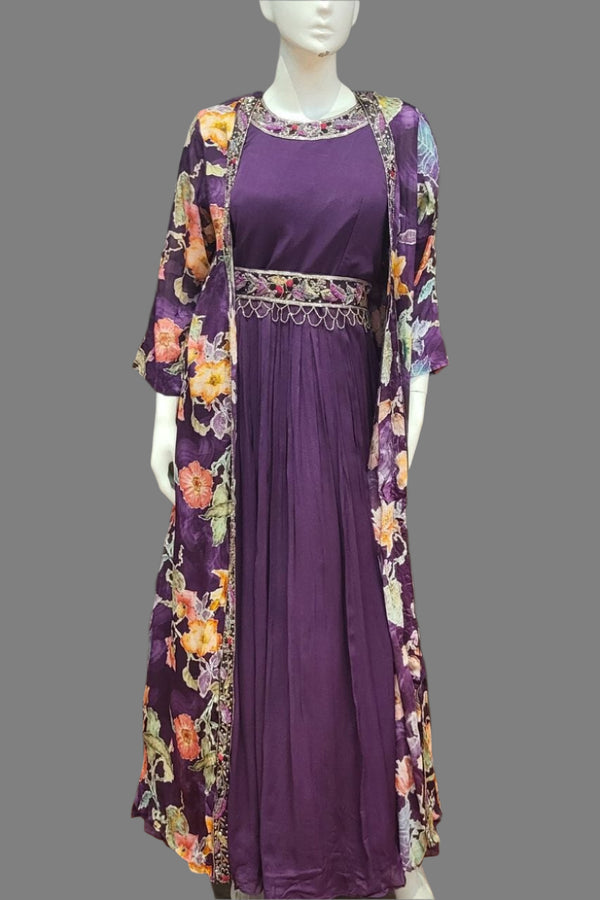 Party Wear Gown With Long Floral Jacket