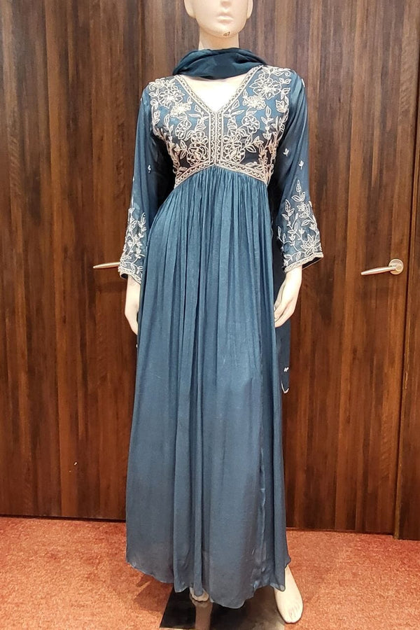 Gown With Pearl Embroidered Yoke In Blue
