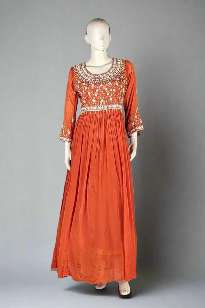 Orange Silk Gown with Embroidered Yoke