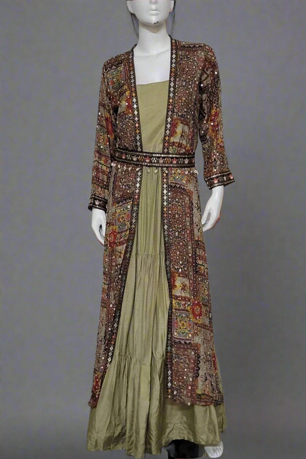 Plain Gown With Printed Long Jacket