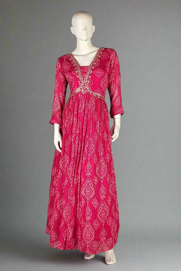 Pink Gown With Bandhani Prints and Dupatta
