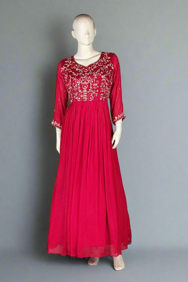 Red Gown in Chinon Silk for Festivals