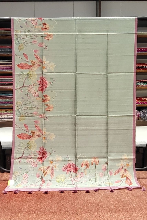 Grey Color Tussar Silk Saree With Printed Border