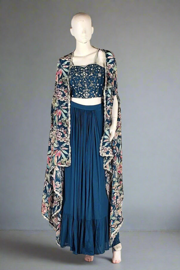 Indo-Western- Skirt with Crop Top And Cape