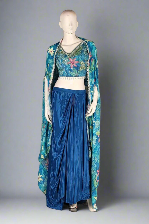 Indo Western Silk Dhoti Skirt and Cape in Blue
