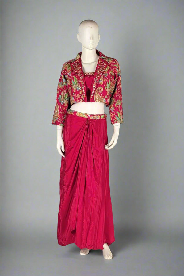 Indo Western Silk Dhoti Skirt and Shrug in Pink
