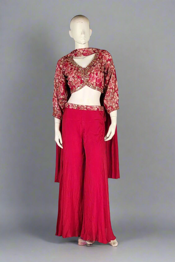 Indowestern Sharara Crop Set in Red Colour