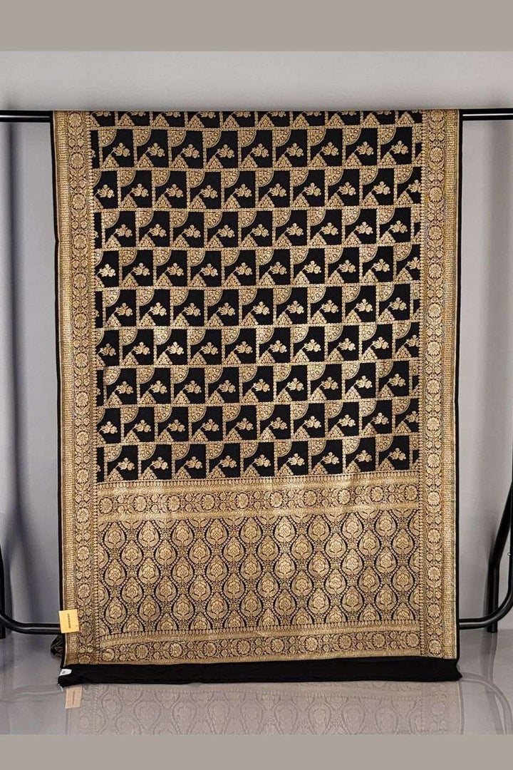 Khaddi Saree in Black and Golden for Party Wear