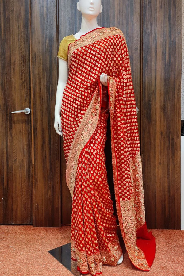 Khaddi Georgette Saree In Red For Karwa Chauth