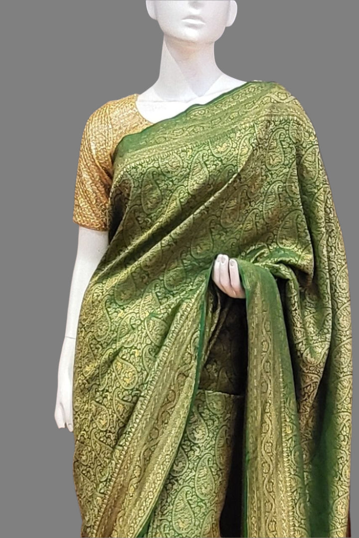 Brocade Khaddi Saree In Green Color