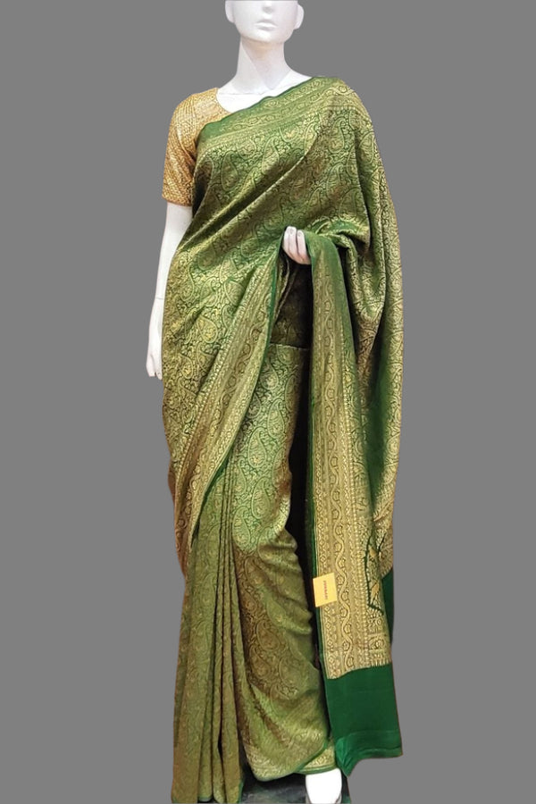 Brocade Khaddi Saree In Green Color