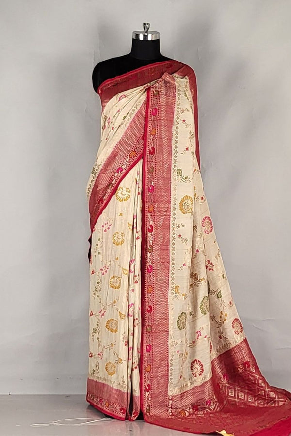 Khaddi Tussar Saree in Off White With Red Border