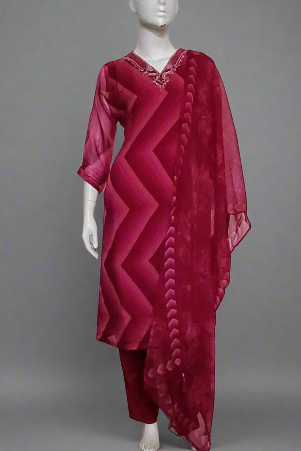 Kurta Pant Set With Zig-Zag Print In Rani