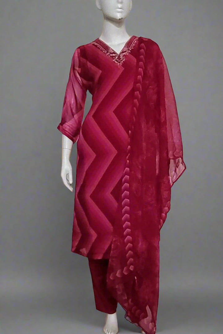 Kurta Pant Set With Zig-Zag Print In Rani