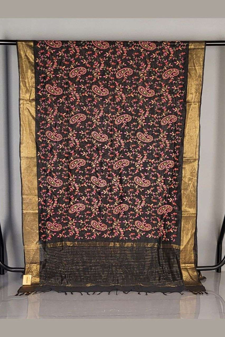Linen Saree In Black with Thread Work All Over