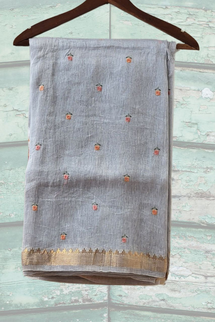 Embroidered Linen Saree in Grey Colour