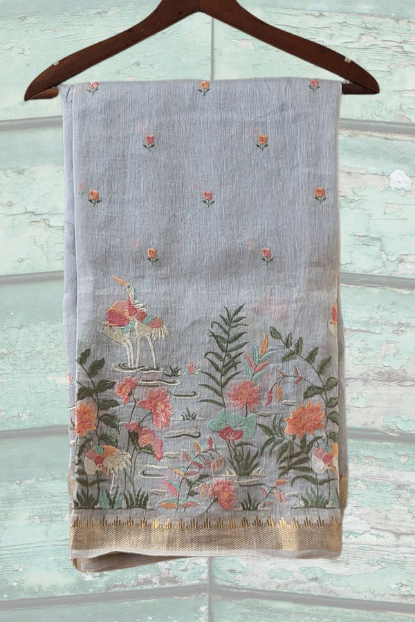 Embroidered Linen Saree in Grey Colour