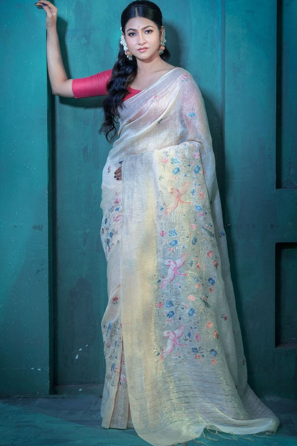 Pure Linen Saree With Beautiful Thread Work
