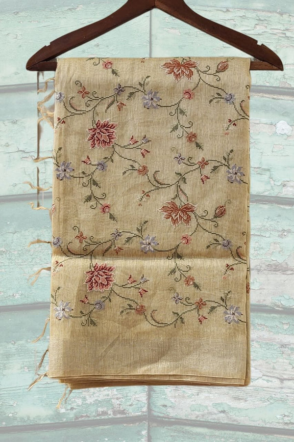 Embroidered Pure Linen Saree In Off-White