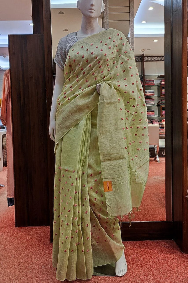 Linen Saree With Floral Booti Woven