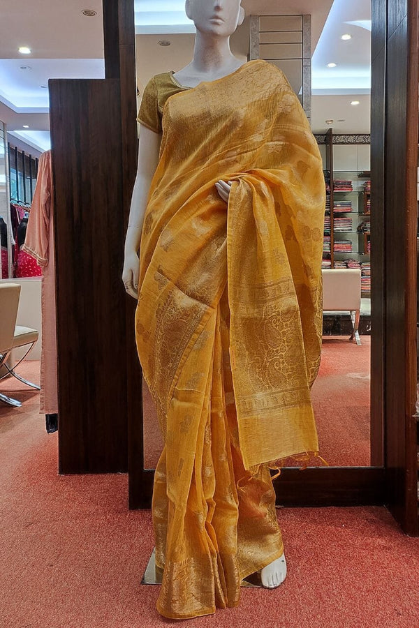 Linen Saree With Zari Woven in Yellow