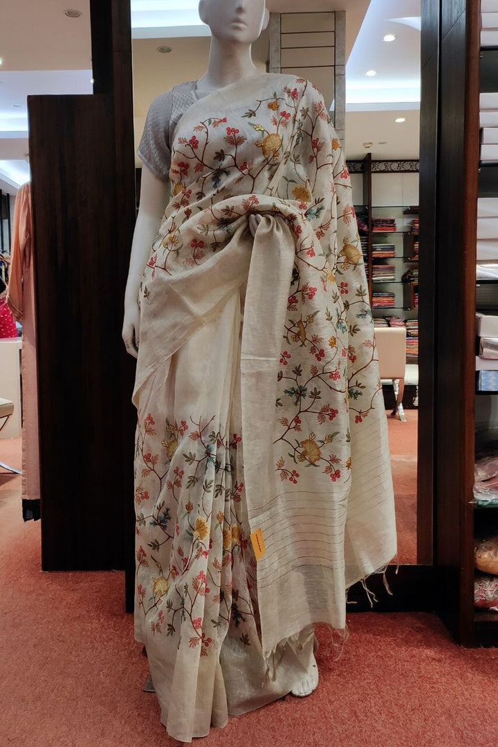 Linen Saree in Off-white Color