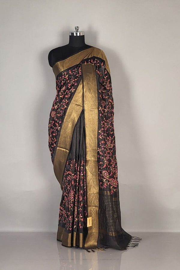 Linen Saree In Black with Thread Work All Over