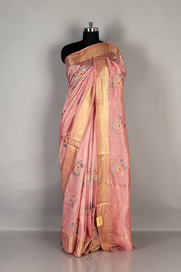 Linen Saree With Golden Woven Border
