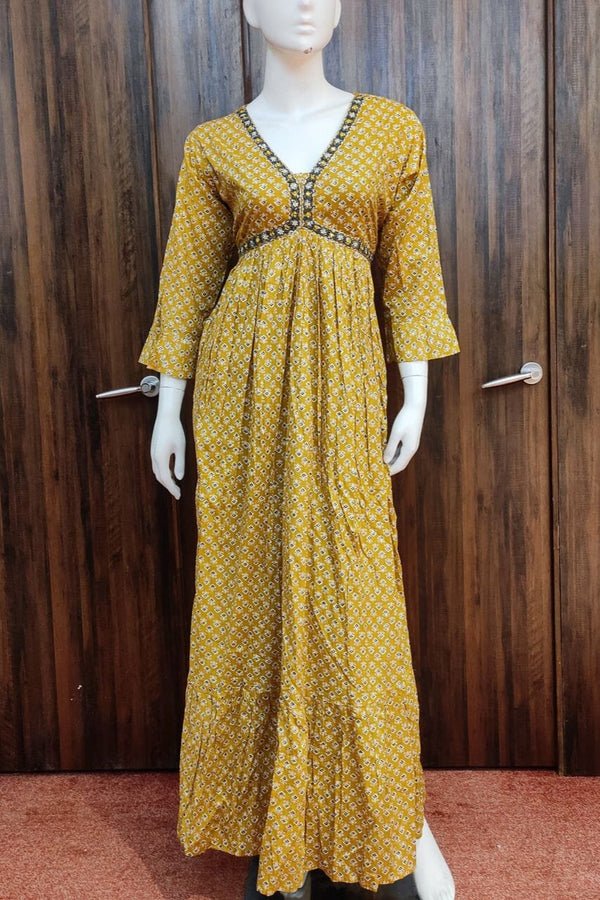 Long Dress In Mustard Color With Printed