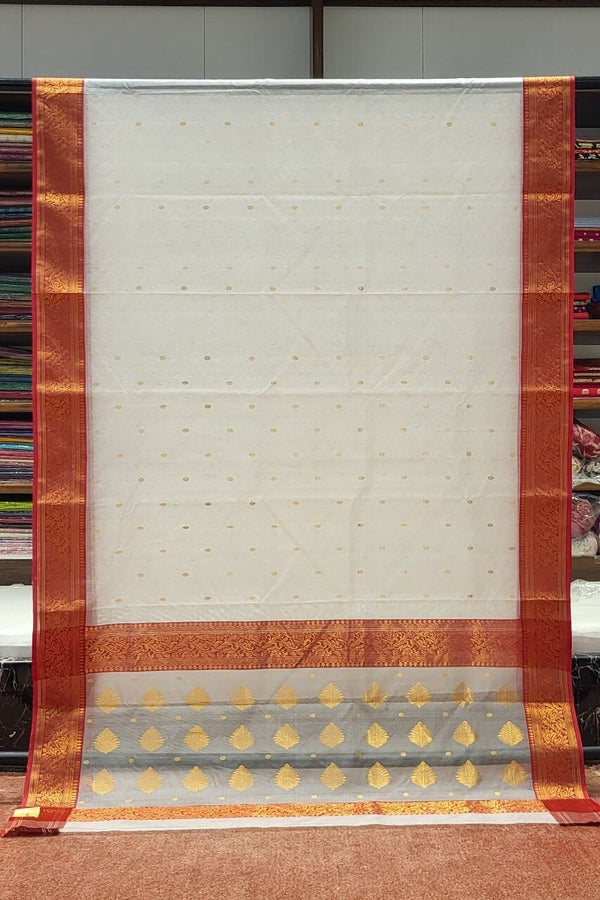 White Maheswari Saree with Red Border
