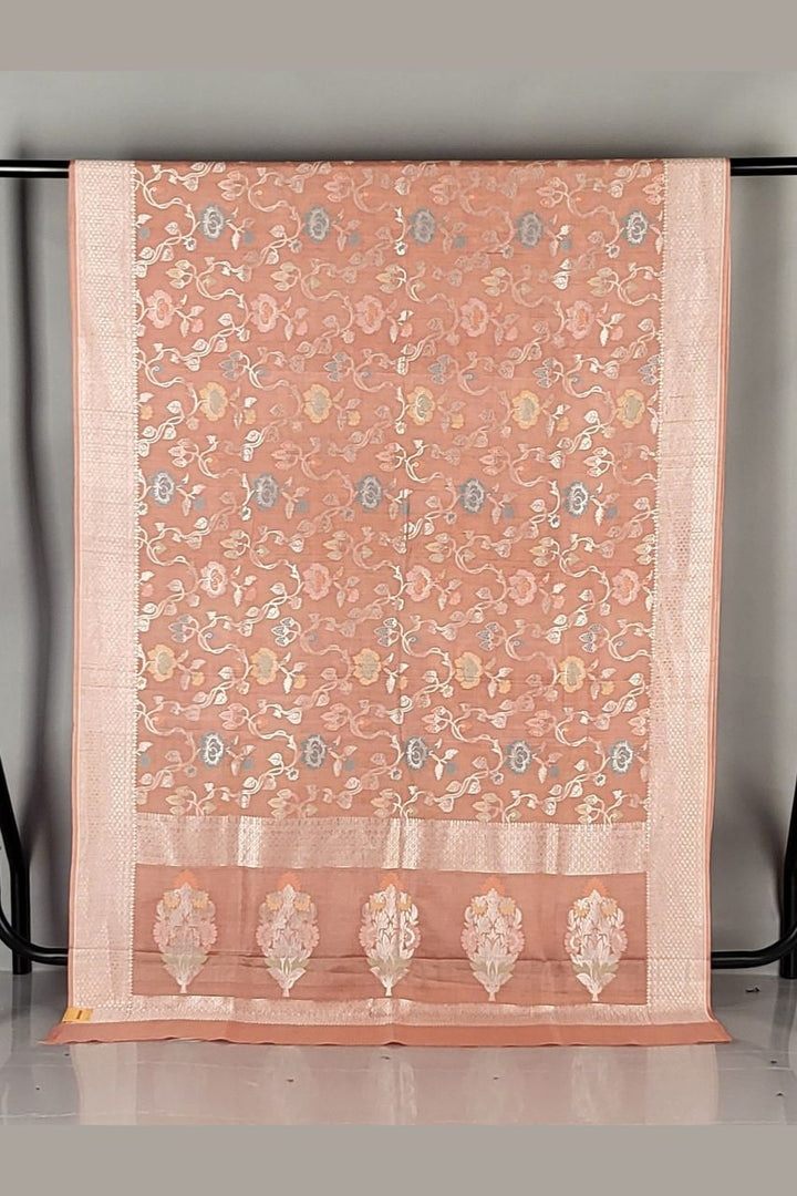 Muga Tussar Silk Saree in Peach for Festive Wear