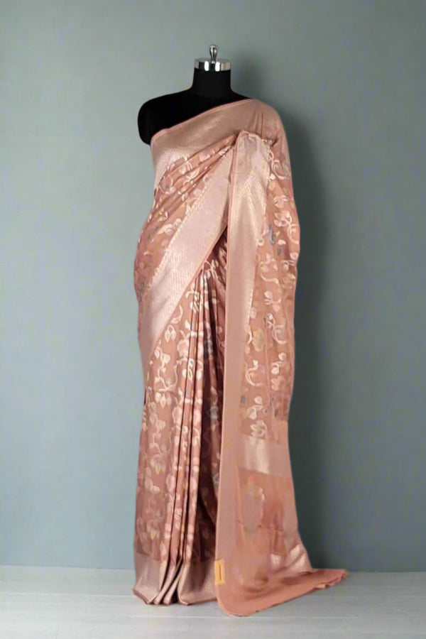 Muga Tussar Silk Saree in Peach for Festive Wear