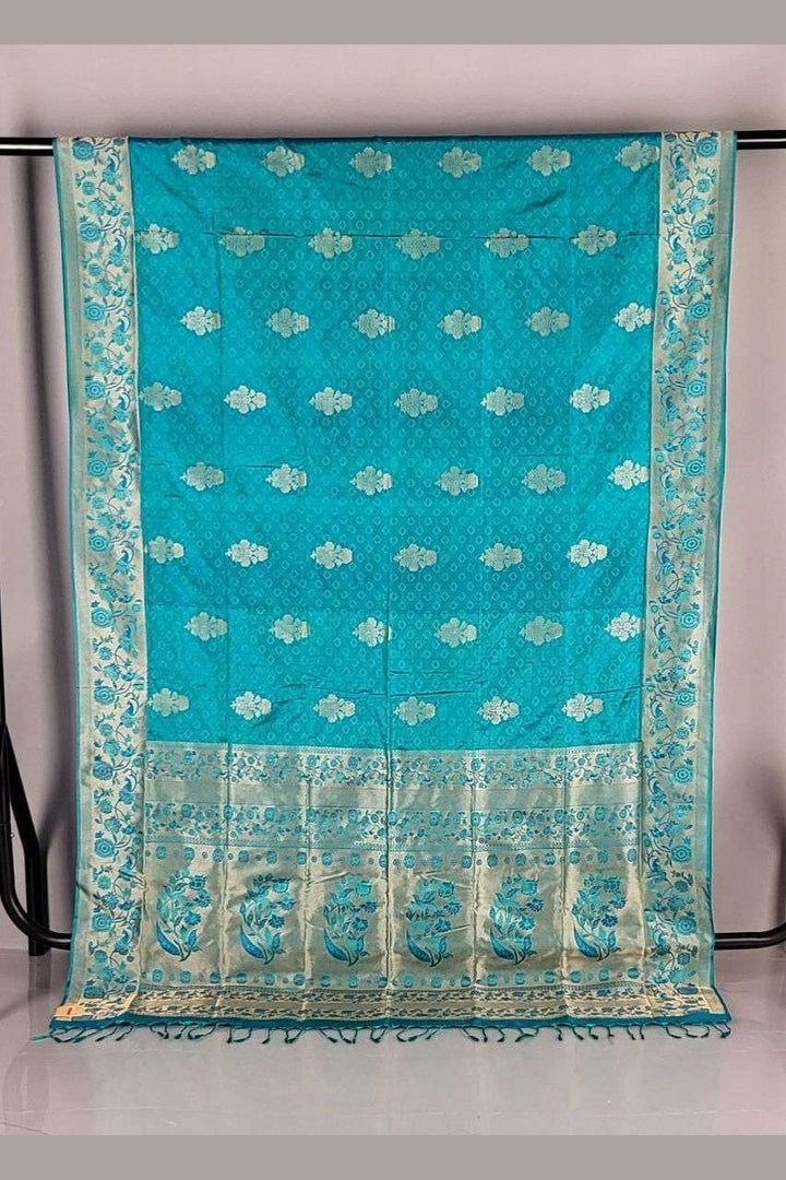 Durga Puja Saree in Teal Blue Silk Fabric