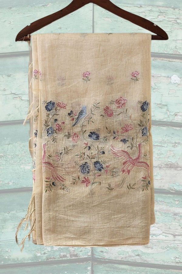 Embroidered Lenin Saree with Bird Motif