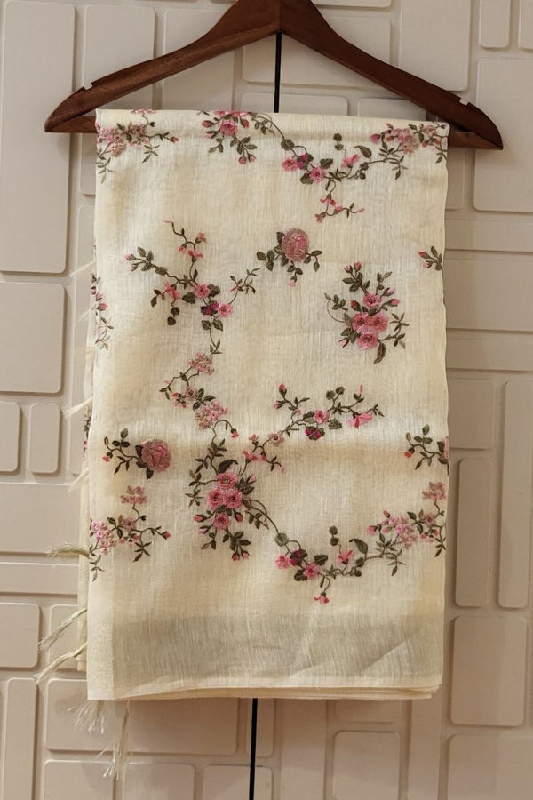 Embroidered Linen Saree In Off White Colour