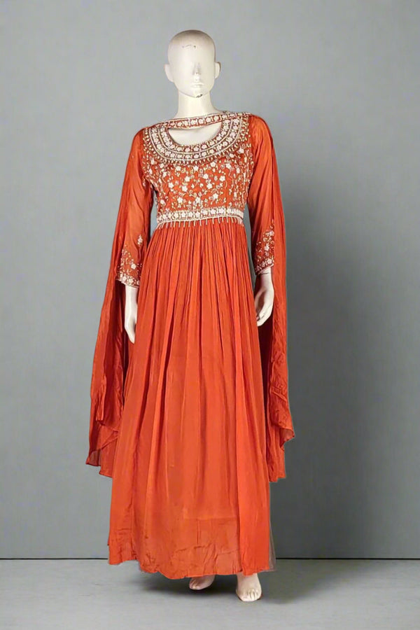 Orange Silk Gown with Embroidered Yoke