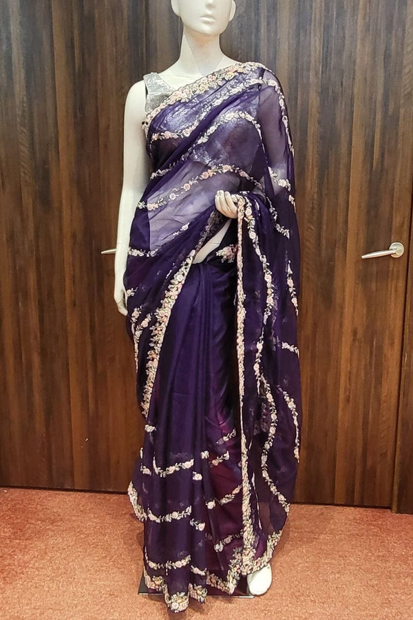 Organza Saree For Eid In Purple Color