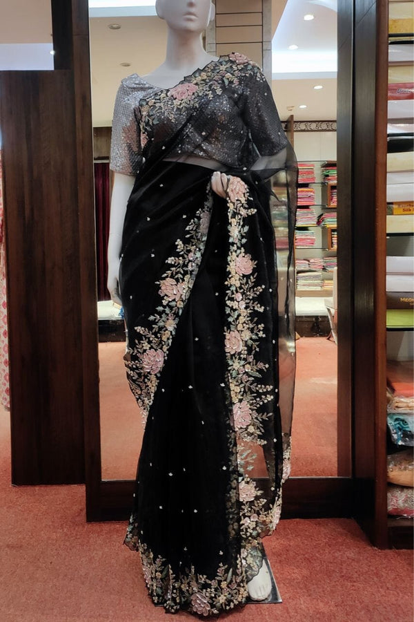 Organza Saree In Black Color