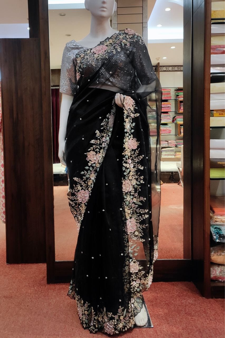 Organza Saree In Black Color